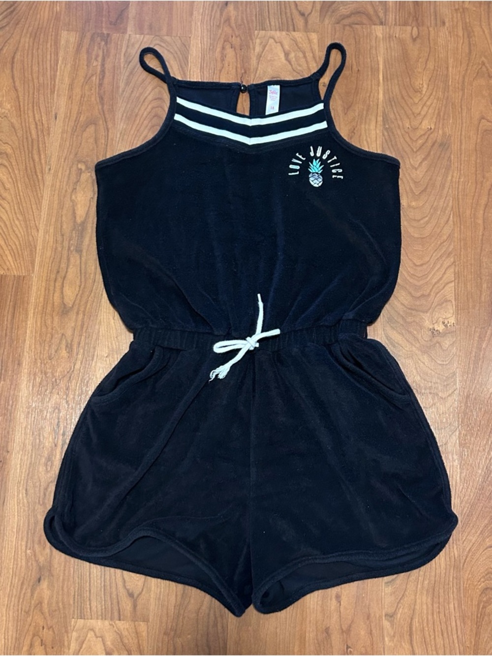 Justice Black Girls' Terry Romper with Pineapple Accent “love justice” size 18
